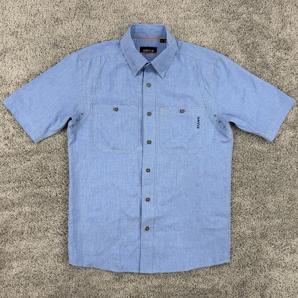 Orvis Tech Chambray Shirt Men's S Blue Short Sleeve Button Down Fishing Outdoors